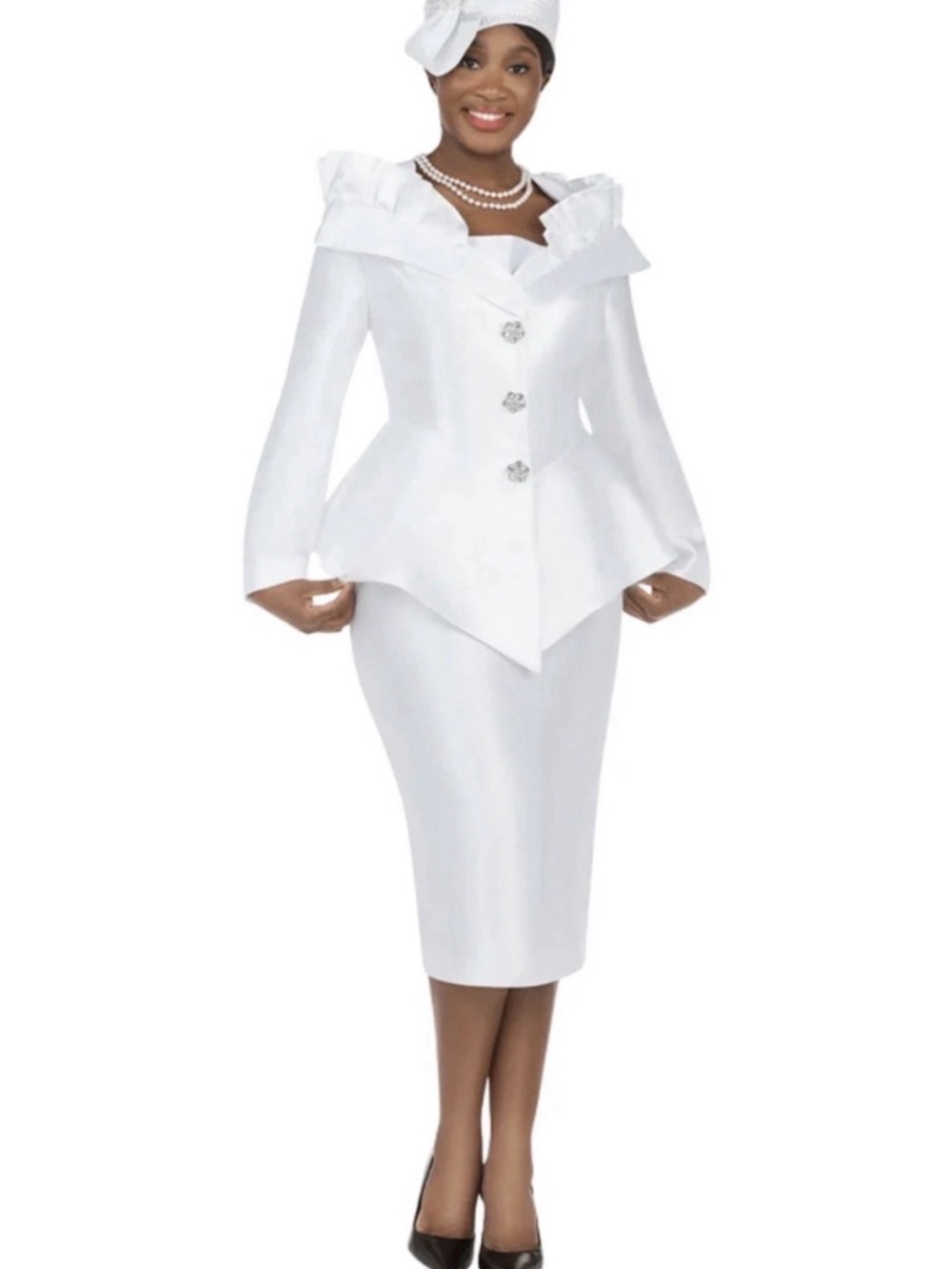 Classic White Peplum Skirt Set with Decorative Buttons
